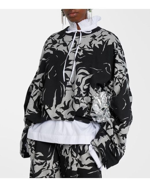 Dries Van Noten Black Draped Floral Cotton Jersey Sweatshirt