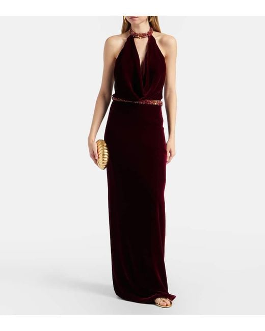 Costarellos Purple Draped Embellished Halterneck Velvet Gown