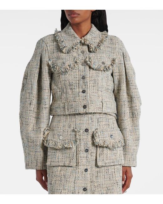 Ganni Blue Cropped Cotton Tweed Jacket
