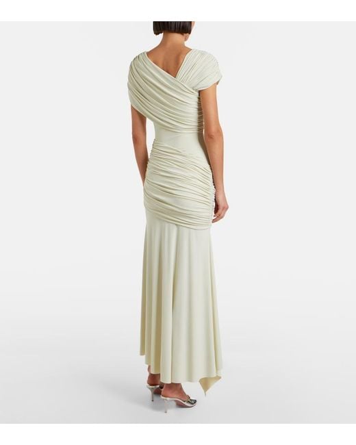 De La Vali White Hela Draped Asymmetric Jersey Midi Dress