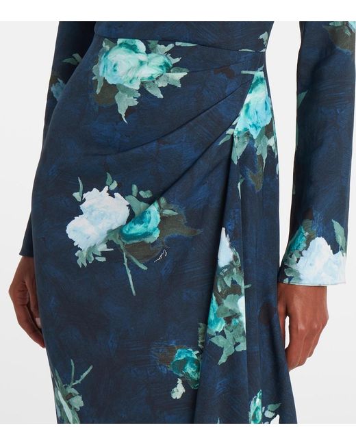 Erdem Blue Floral Stretch Cady Draped Midi Dress