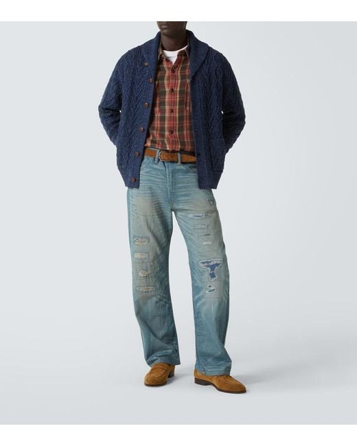 RRL Blue Cable-Knit Cotton Cardigan for men