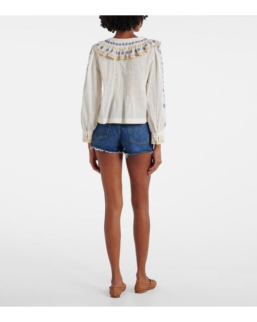 Rixo Blue Percy Embroidered Cotton Blouse
