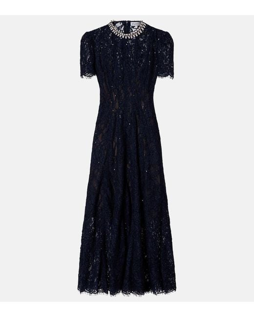 Self-Portrait Blue Embellished Lace Midi Dress