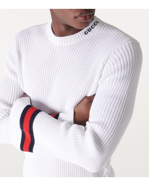 Gucci White Ribbed-knit Cotton Sweater for men