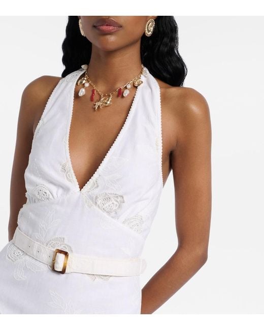 Self-Portrait White Halterneck Linen And Cotton Midi Dress