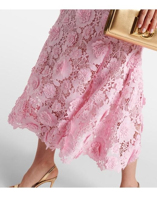 Oscar de la Renta Pink Floral Lace Midi Dress