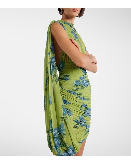 Magda Butrym Green Draped Floral Semi-Sheer Minidress
