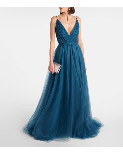 Costarellos Blue Cassandra Caped Tulle Gown