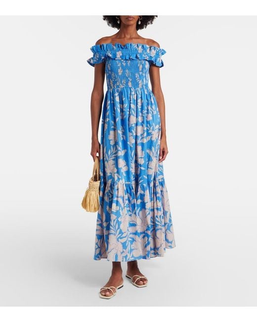 Poupette Blue Suzanne Shirred Cotton Muslin Maxi Dress