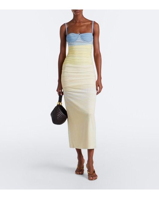 Sir White Printed Ruched Mesh Maxi Dress