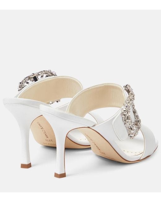 Manolo Blahnik White Gable Jewel Crepe De Chine Mules