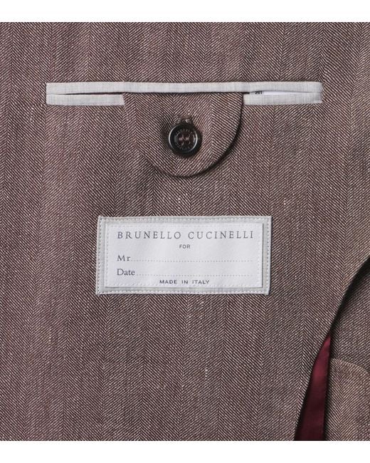 Brunello Cucinelli Brown Herringbone Linen And Wool Suit for men