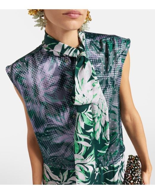 Dries Van Noten Green Printed Tie-Neck Midi Dress