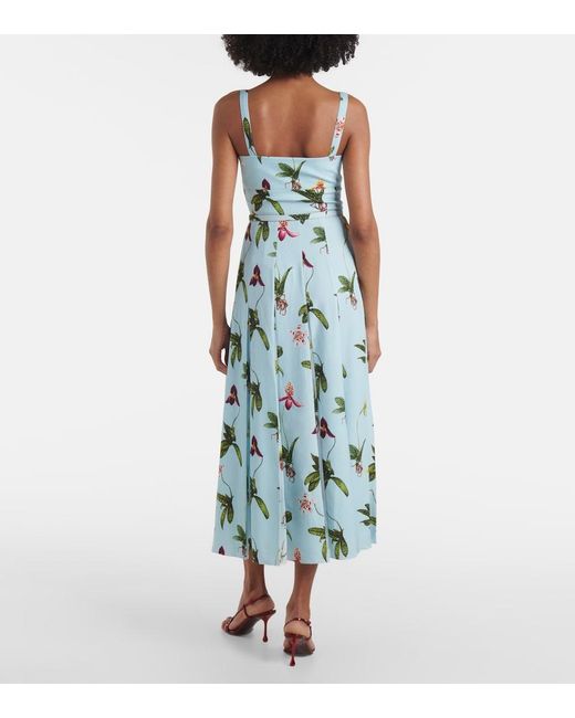 Oscar de la Renta Blue Floral Belted Cady Midi Dress