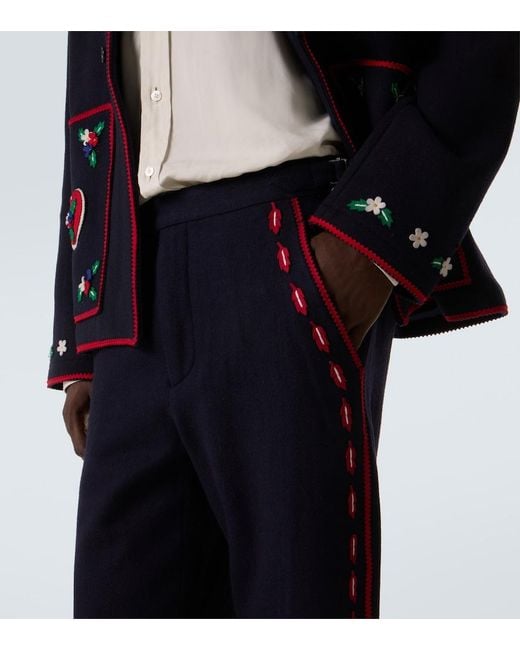 Bode Blue Carroll Embroidered Wool Straight Pants for men
