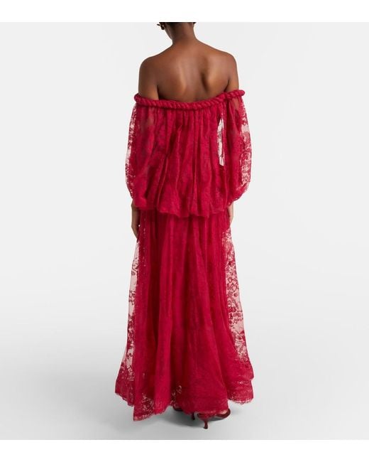 Zimmermann Red Luna Off-Shoulder Floral Lace Gown