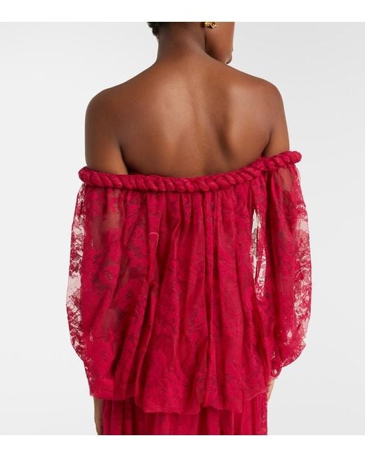 Zimmermann Red Luna Off-Shoulder Floral Lace Gown