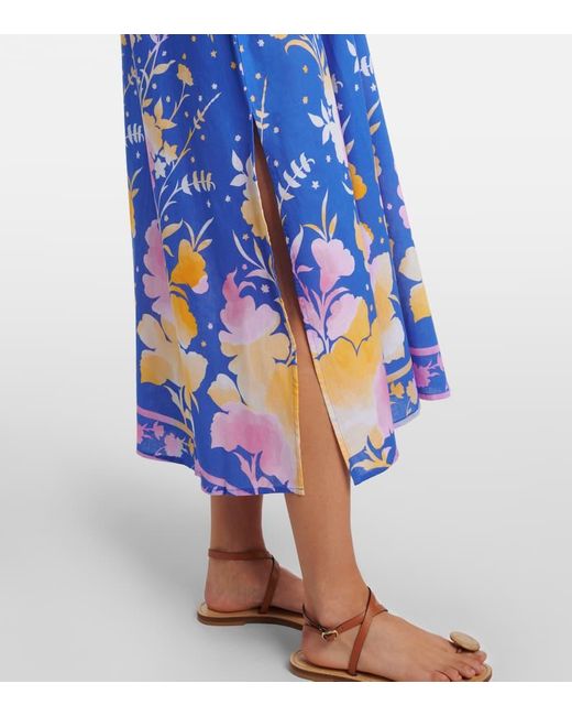 Juliet Dunn Blue Floral Cotton And Linen Midi Dress