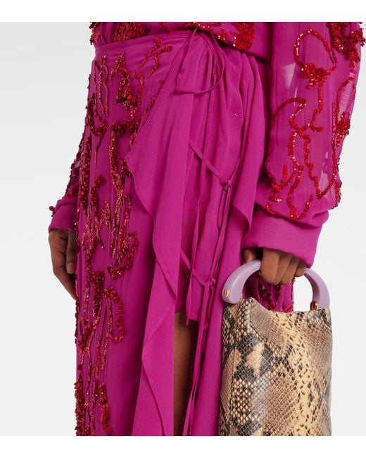 Dries Van Noten Pink Sequined Draped Chiffon Midi Skirt