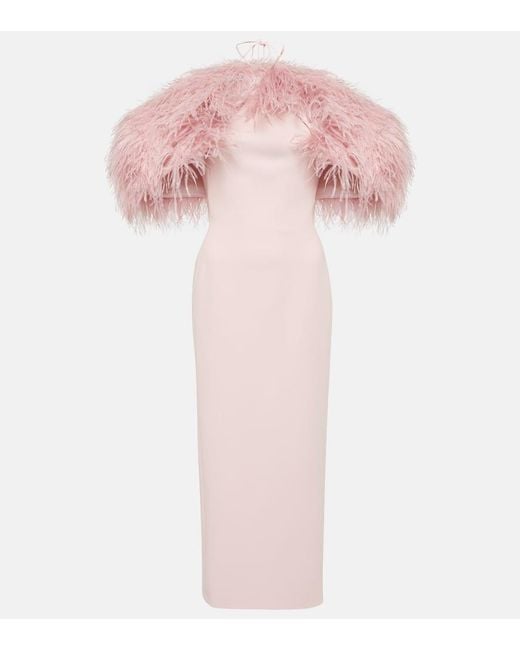 David Koma Pink Off-Shoulder Feather-Trimmed Midi Dress