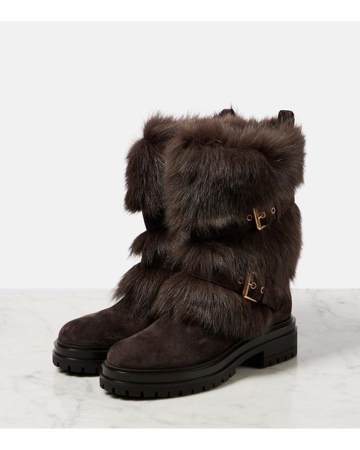Gianvito Rossi Black Maverick Shearling-Trimmed Suede Biker Boots
