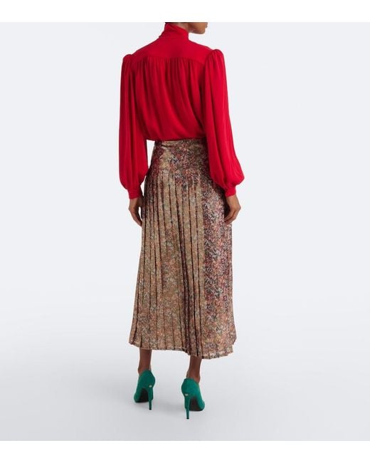 Valentino Brown Floral Pleated Silk-Blend Lame Midi Skirt