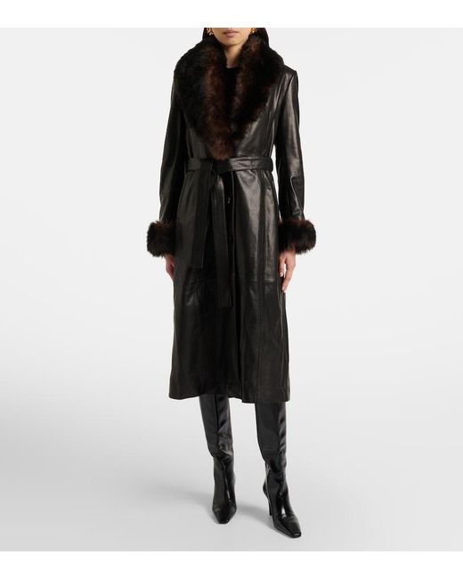 Nour Hammour Black Baez Shearling-Trimmed Leather Coat