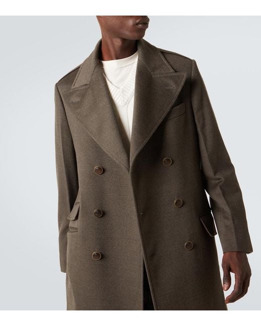 Brunello Cucinelli Brown Double-Breasted Virgin Wool Overcoat for men