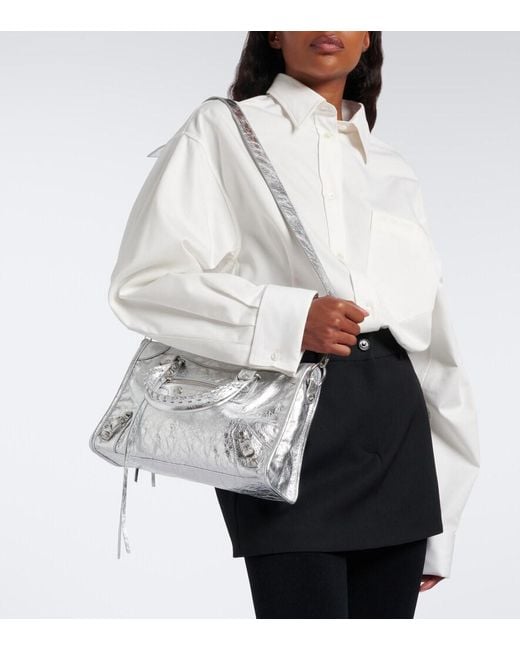 Balenciaga White Le City Small Metallic Leather Top-Handle Bag