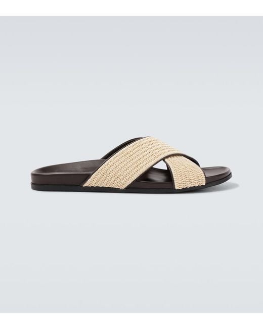 Manolo Blahnik Brown Chiltern Leather-Trimmed Raffia Slides for men