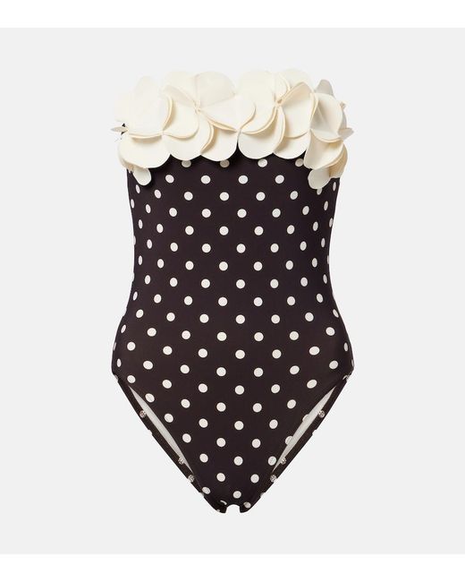 Karla Colletto Black Floral Applique Polka-Dot Bandeau Swimsuit