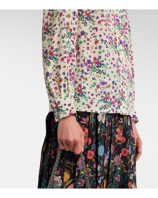 Gucci White Floral Tie-Neck Silk Shirt