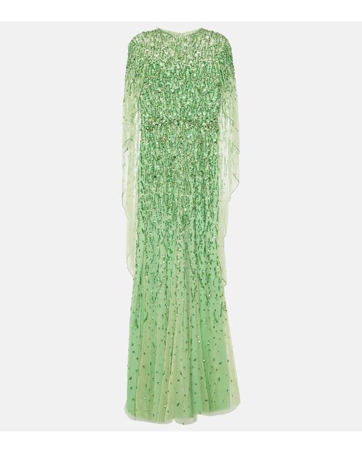 Jenny Packham Green Delphine Cape-effect Embellished Tulle Gown