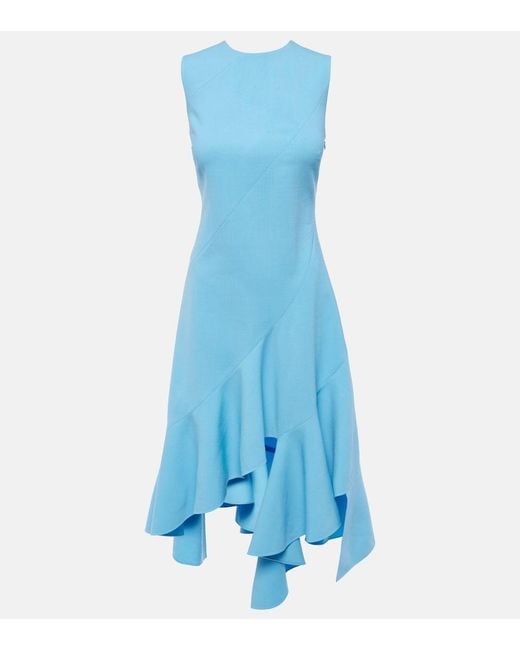 Oscar de la Renta Blue Asymmetrical Wool-Blend Midi Dress