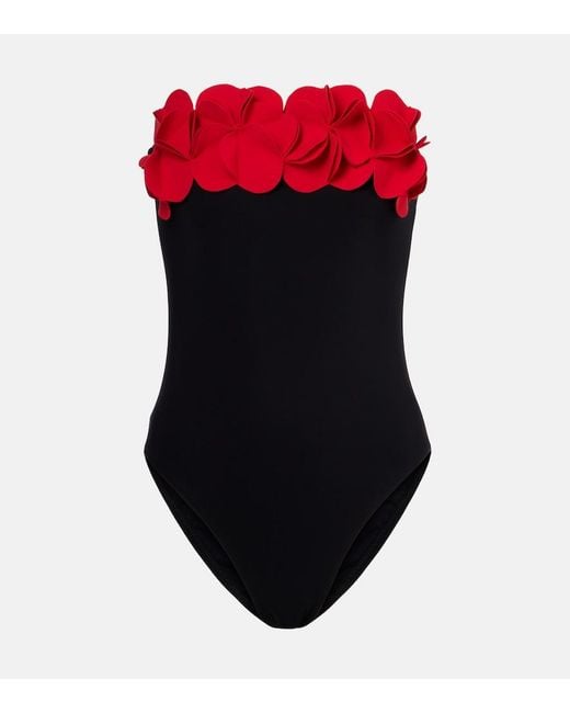 Karla Colletto Red Floral-Applique Strapless Swimsuit