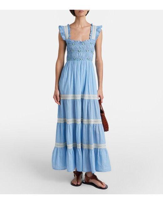 Rixo Blue Aubrie Lace-Trimmed Cotton Midi Dress