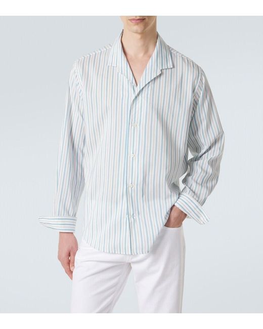 Umit Benan Blue Franco Pinstripe Silk And Cotton Shirt for men