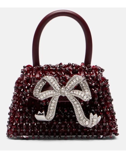 Self-Portrait Red Bow Micro Beaded Leather Tote Bag
