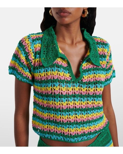 Anna Kosturova Green Striped Crochet Cotton Polo Shirt