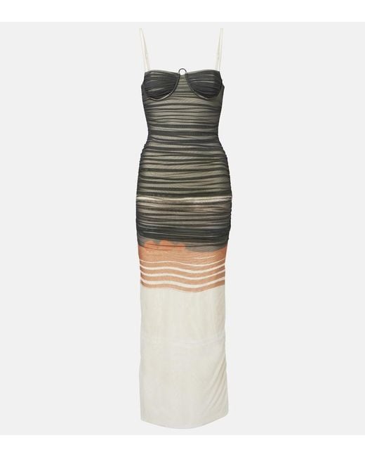 Sir Green Breeze Striped Ruched Mesh Midi Dress