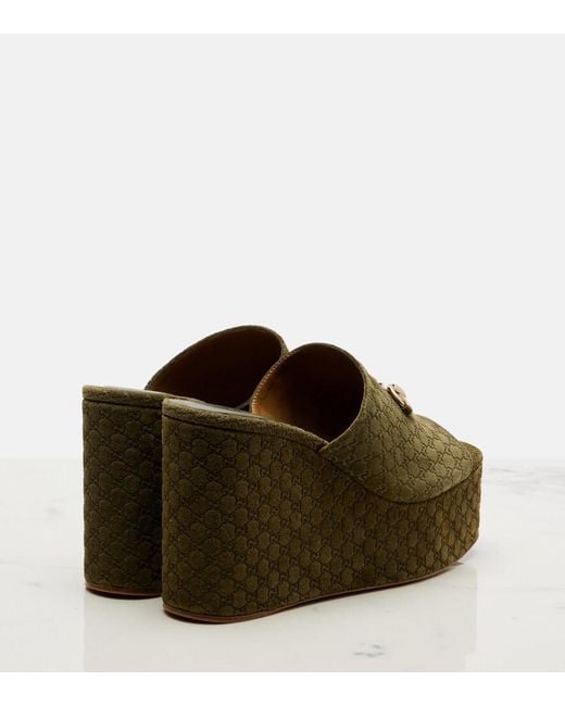 Gucci Green Horsebit Gg Suede Wedge Mules