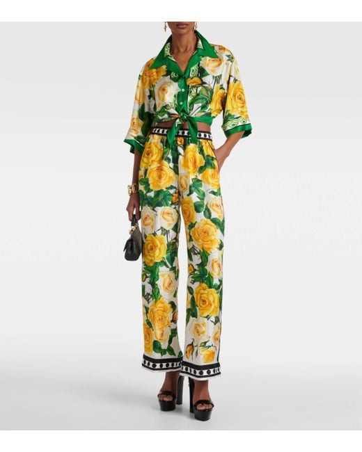 Dolce & Gabbana Yellow Floral High-rise Silk Wide-leg Pants