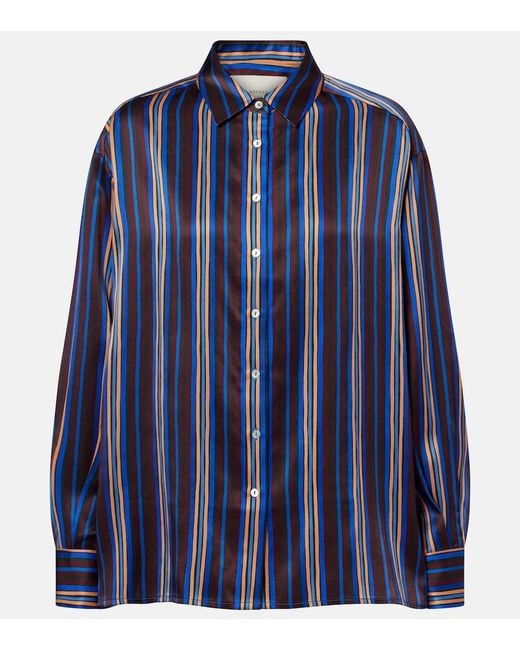 Asceno Blue Maya Striped Silk Charmeuse Pajama Shirt