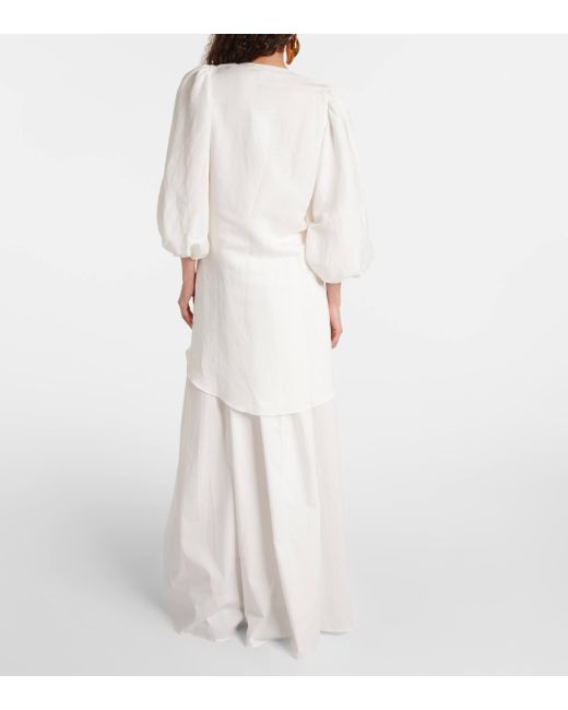 Adriana Degreas White Puff-sleeve Linen-blend Blouse