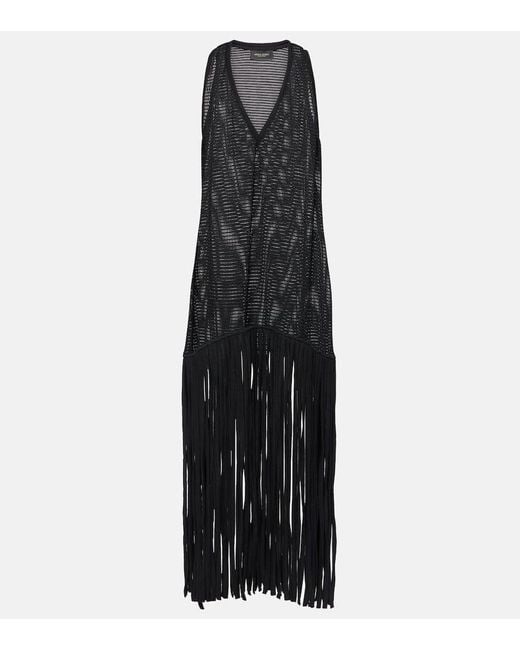 Adriana Degreas Black Tricot Knit Fringed Maxi Dress
