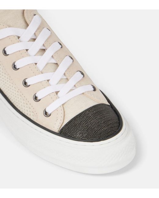 Brunello Cucinelli White Monili Suede-Trimmed Low-Top Sneakers