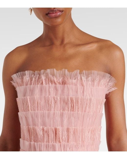 Costarellos Pink Trissa Plisse Tiered Tulle And Lace Gown