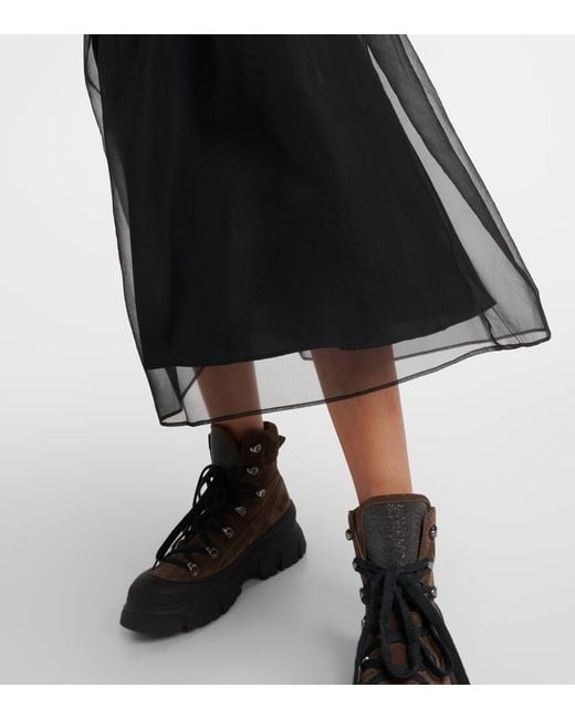 Brunello Cucinelli Black Embellished Pleated Silk Midi Skirt