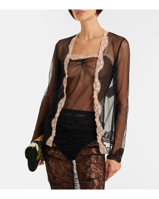 Valentino Gray Lace-Trimmed Sheer Mesh Camisole